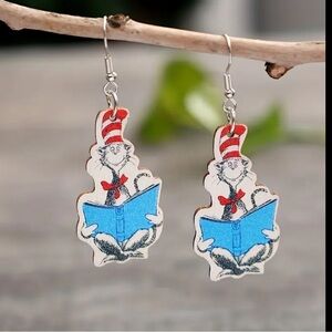 NEW BOUTIQUE Dr. Seuss Cat In the Hat Book Reading Light Wood Dangle Earrings